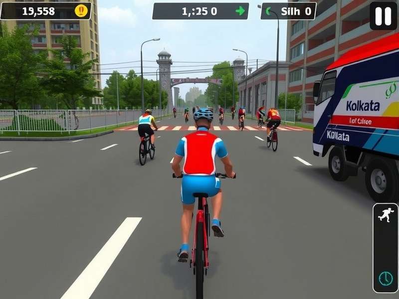 Kolkata Cycle Epic Journey gameplay screenshot showing cyclist navigating through Kolkata streets
